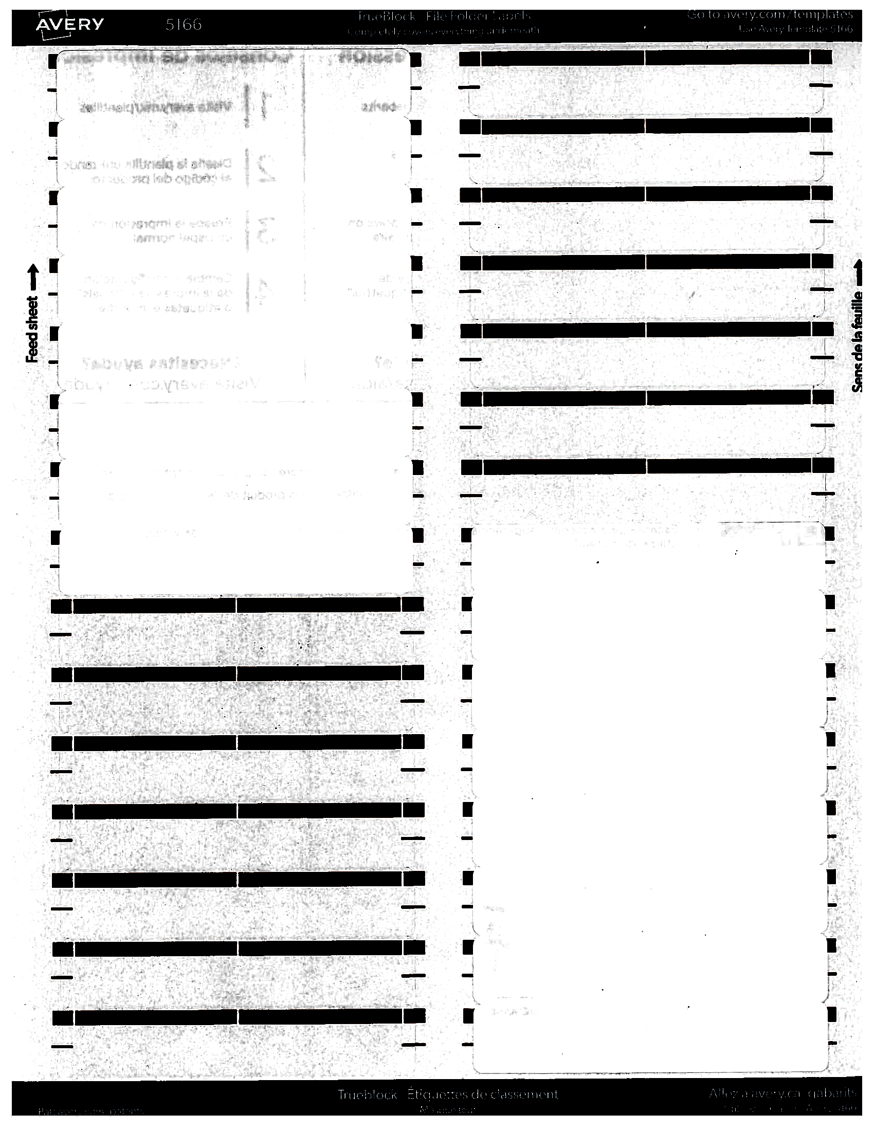 A black-and-white sheet of labels with the top half of the left column of labels printed and the bottom half of the right labels printed. The bottom labels are noticeably grayer.