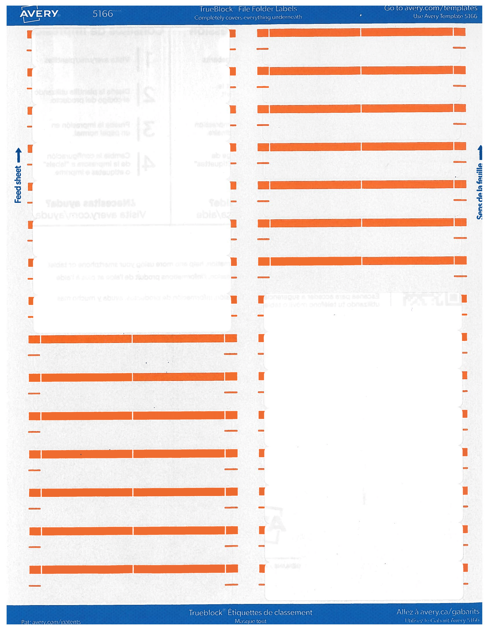 A sheet of labels with the top half of the left column of labels printed and the bottom half of the right labels printed.