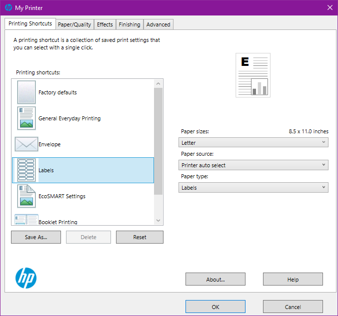 HP's printing options dialog, showing "Labels" as the selected paper type
