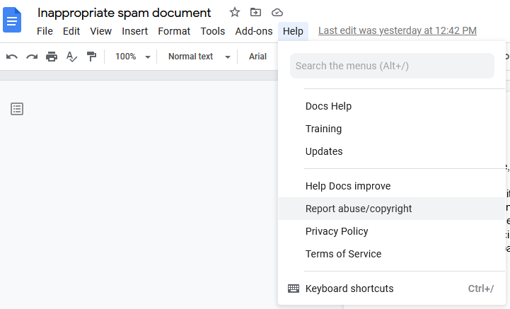 Google Drive's Report button on desktop
