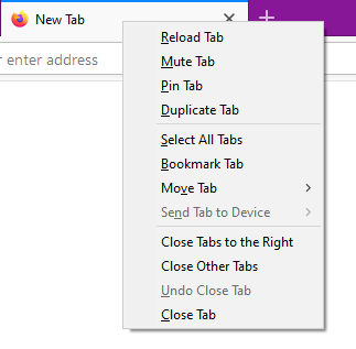 Context menu showing "Close Tabs to the Right" and "Close Other Tabs" above "Undo Close Tabs"