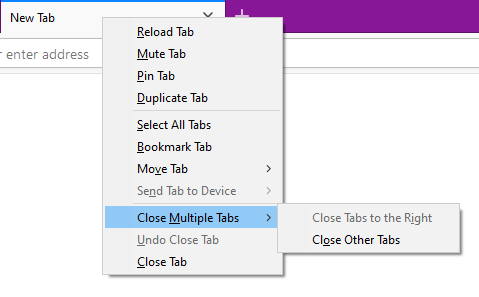 The Firefox 78 tab context menu showing the Close Multiple Tabs menu