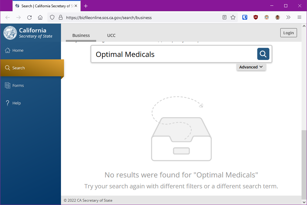 A corporation search for "Optimal Medicals" in California returning no results