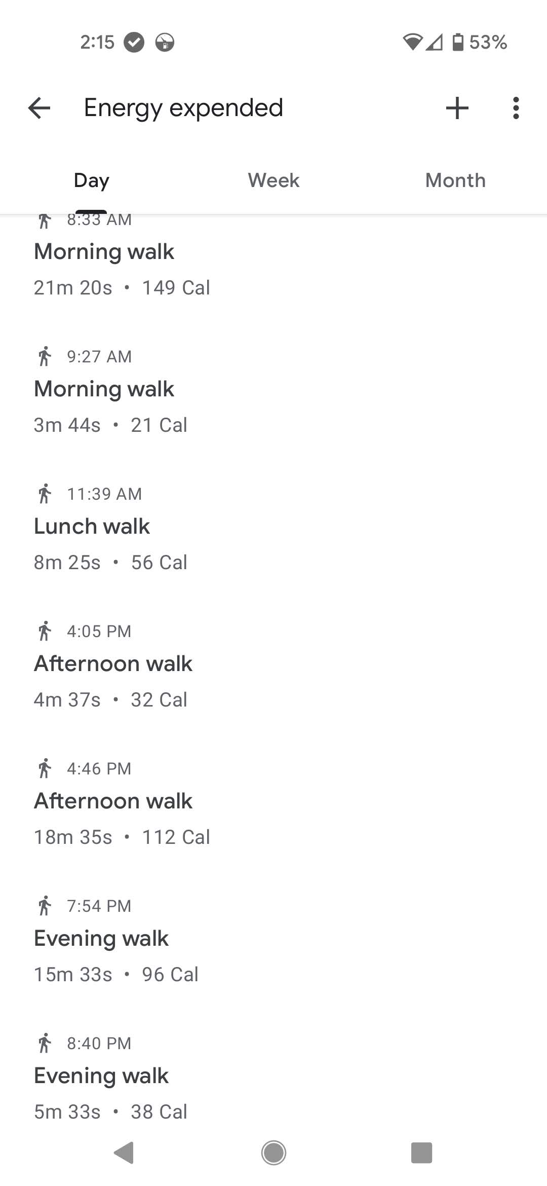 Google Fit screenshot showing over 500 calories burned from eight short walks