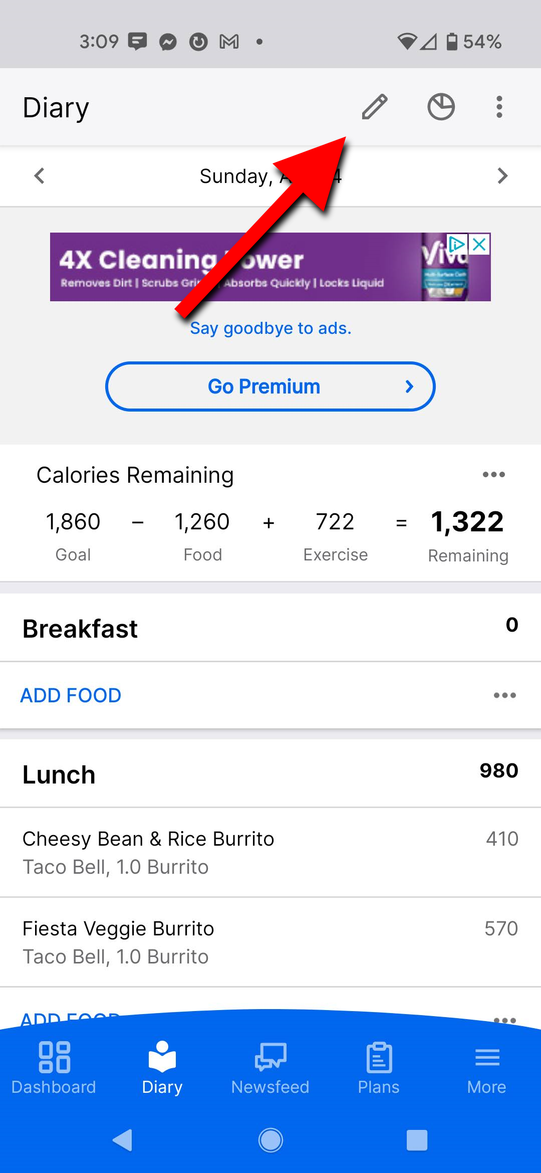 MyFitnessPal screenshot showing a top bar