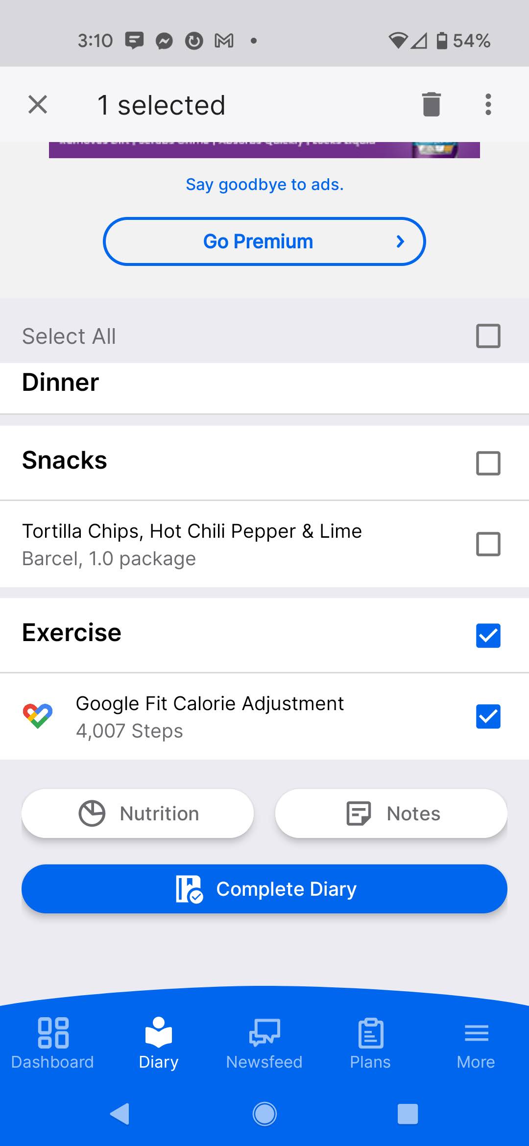 MyFitnessPal screenshot showing checkboxes