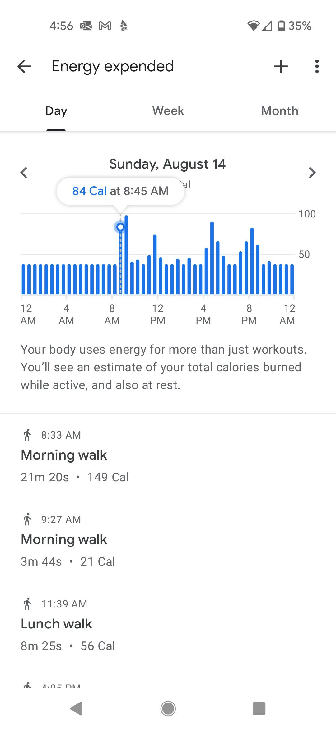 Google Fit screenshot showing mild walks just slightly increasing activity over the BMR